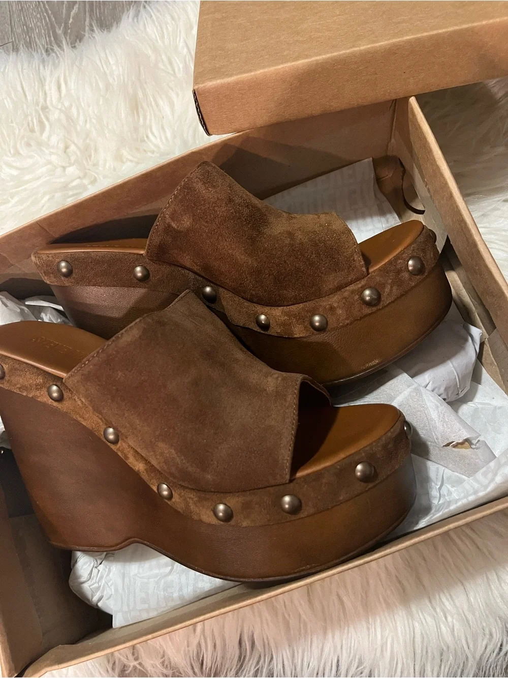 Steve Madden 'Jovie' Chestnut Brown Suede Studded Wedges